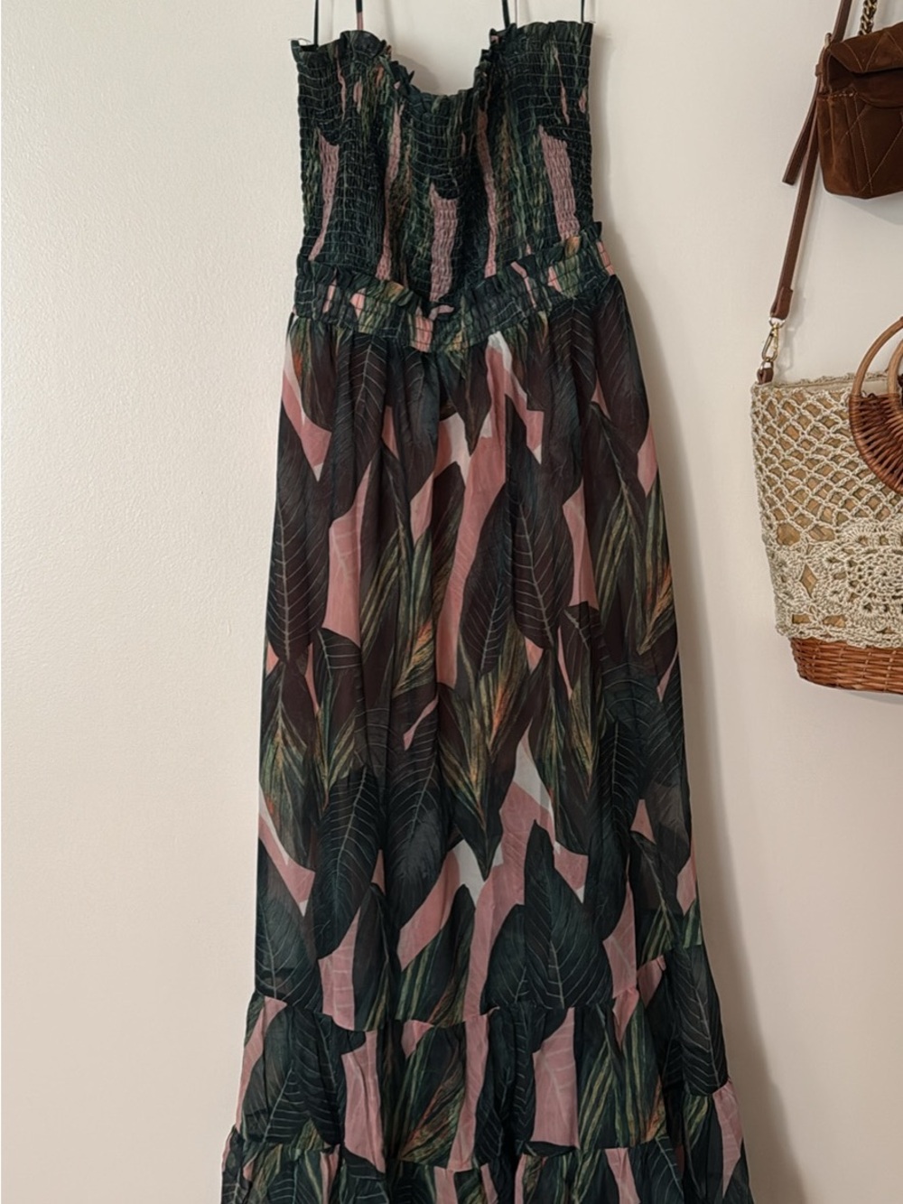 Smocked Strapless Maxi Dress in Dark Green & Dusty Pink